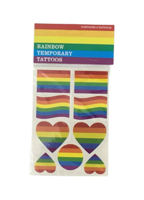 Pride regenbogen temporäre tattoos mit flaggen herzen und tropfen in roten orange gelben grünen blauen und violetten farben