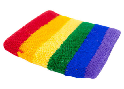 Knitted rainbow-striped pride wristband with vibrant red yellow green blue and purple horizontal bands