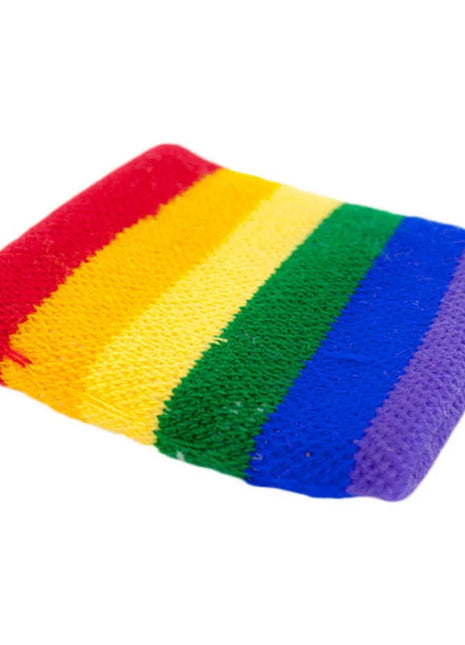 Knitted rainbow-striped pride wristband with vibrant red yellow green blue and purple horizontal bands