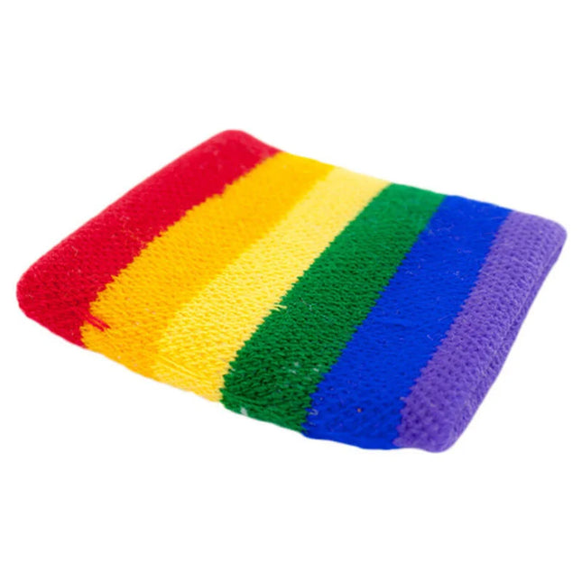 Knitted rainbow-striped pride wristband with vibrant red yellow green blue and purple horizontal bands