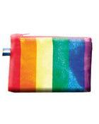 Rainbow-gestreifte reißverschlusstasche pride lgbt-flaggengeld mit glänzender struktur und kleinem blau-weißem etikett