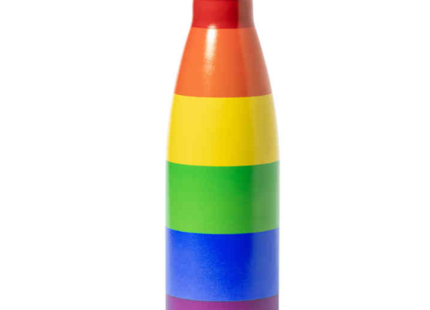 Pride metallic-warmwasserheizung mit der lgbt-flagge in rainbow-streifen auf rostfreiem stahl mit rotem schraubdeckel