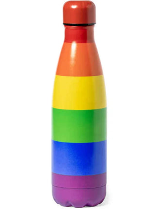 Pride metallic-warmwasserheizung mit der lgbt-flagge in rainbow-streifen auf rostfreiem stahl mit rotem schraubdeckel