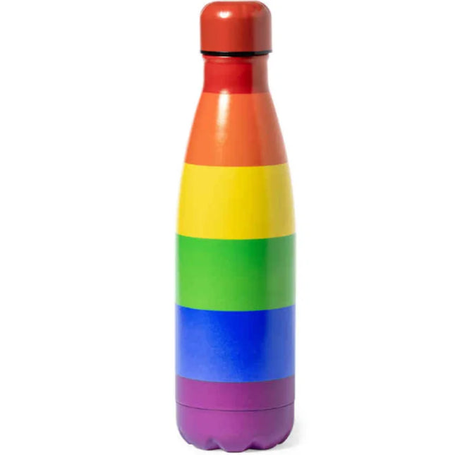 Pride metallic-warmwasserheizung mit der lgbt-flagge in rainbow-streifen auf rostfreiem stahl mit rotem schraubdeckel