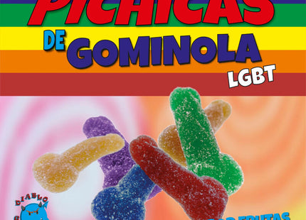 Bunte, zuckerige Gummibonbons in Form phallischer Symbole in Regenbogenfarben.