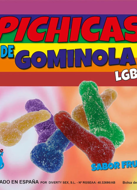 Bunte, zuckerige Gummibonbons in Form phallischer Symbole in Regenbogenfarben.