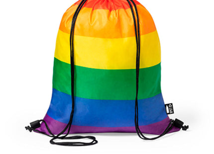 Pride regenbogenflagge rucksack mit regenbogenstreifen, schwarzen kordeln und kleinem markenetikett