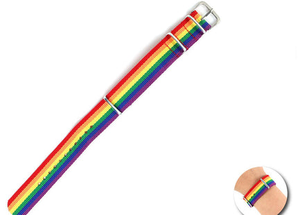Pride regenbogenflaggenarmband nylonuhrband in regenbogenfarben mit silberfarbenen schnalle und verstellteilen