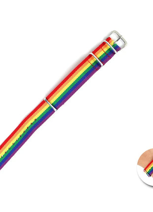 Pride regenbogenflaggenarmband nylonuhrband in regenbogenfarben mit silberfarbenen schnalle und verstellteilen