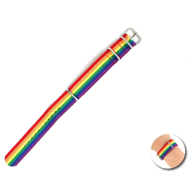 Pride regenbogenflaggenarmband nylonuhrband in regenbogenfarben mit silberfarbenen schnalle und verstellteilen