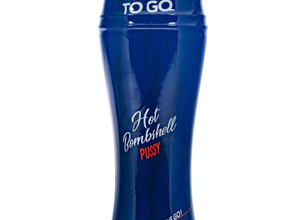 Deep blue glossy plastic deodorant bottle private to go with red and white text hot bombshell pussy for masturbation use