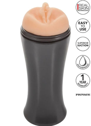 Privater masturbator heisse bombshell to go mit schwarzem zylindrischem grundkörper und pfirsichfarbenem silikon mit realistischer hautstruktur