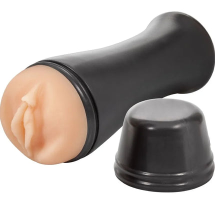 Schwarzer silikon cockring mit pfirsichfarbener realistischer struktur innen und passendem schwarzem deckel im privaten masturbator heisse bombshell to go