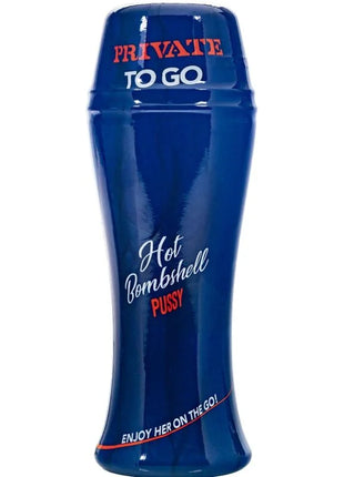 Deep blue glossy plastic deodorant bottle private to go with red and white text hot bombshell pussy for masturbation use