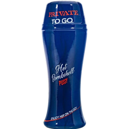 Deep blue glossy plastic deodorant bottle private to go with red and white text hot bombshell pussy for masturbation use