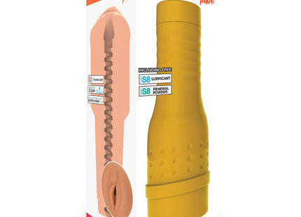 Gelber silikon private original tube natürlicher masturbator mit geriffeltem griff und gerippter innenstruktur