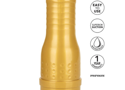 Privater original tube natürlicher masturbator in gold mit glattem zylindrischem design und geriffeltem oberteil