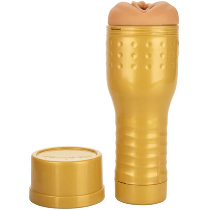 Goldfarbener zylindrischer privater original tube natürlicher masturbator mit strukturierter oberfläche und beige silikonspitze