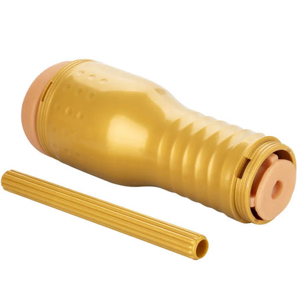 Privater original tube natürlicher masturbator goldfarbener gerippter kunststoff mit pfirsichton silikonenden und stange