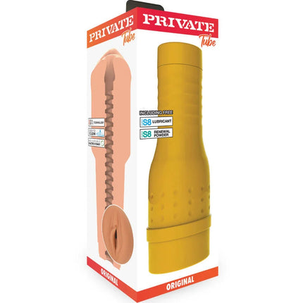 Gelber silikon private original tube natürlicher masturbator mit geriffeltem griff und gerippter innenstruktur