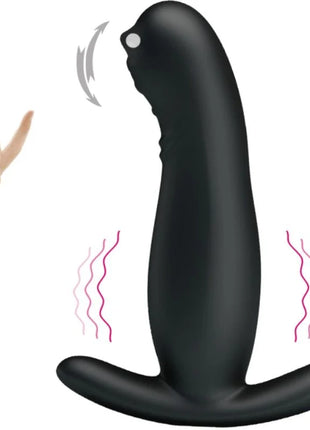 Schwarzer silikon prostatamassager mit vibration und gebogenem kopf sowie stabilem sockel für sicheren halt