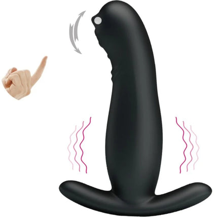Schwarzer silikon prostatamassager mit vibration und gebogenem kopf sowie stabilem sockel für sicheren halt