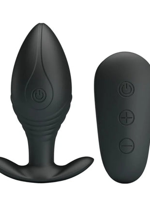 Schwarzer silikon-fernbedienter analplug vibrator regina mit power- und intensitätstasten sichtbar