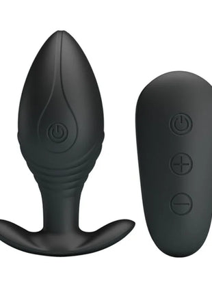 Schwarzer silikon-analplug vibrator regina mit fernbedienung und power- sowie intensitätsknöpfen