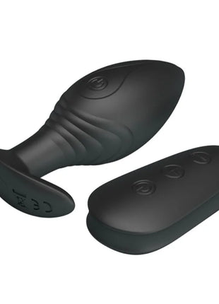 Schwarzer silikon analplug vibrator regina mit texturiertem griff und fernbedienung in schwarzer farbe