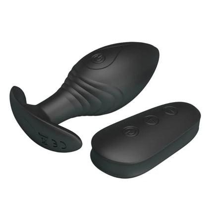 Schwarzer silikon analplug vibrator regina mit texturiertem griff und fernbedienung in schwarzer farbe