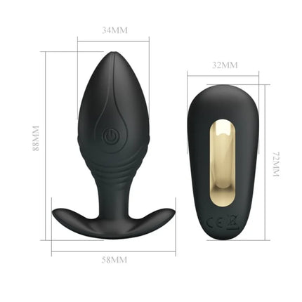 Schwarzer silikon analplug vibrator regina mit power-knopf und leuchtend goldenem innenraum