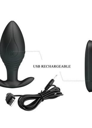 Schwarzer silikon usb wiederaufladbarer analplug vibrator regina mit schlankem tropfenförmigem design und gebogenem fuß