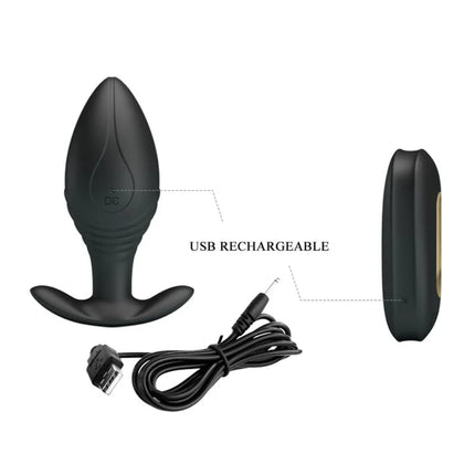 Schwarzer silikon usb wiederaufladbarer analplug vibrator regina mit schlankem tropfenförmigem design und gebogenem fuß