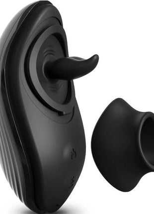 Schwarzer silikon vibrator rim joy anal-vibrator mit gebogenem griff und abnehmbarem ring zu sehen von hinten