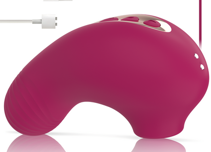 Ein magentafarbenes silikon-design des rithual shushu pro pocket klitorisstimulators mit zwei leistungsstarken motoren und metallknöpfen
