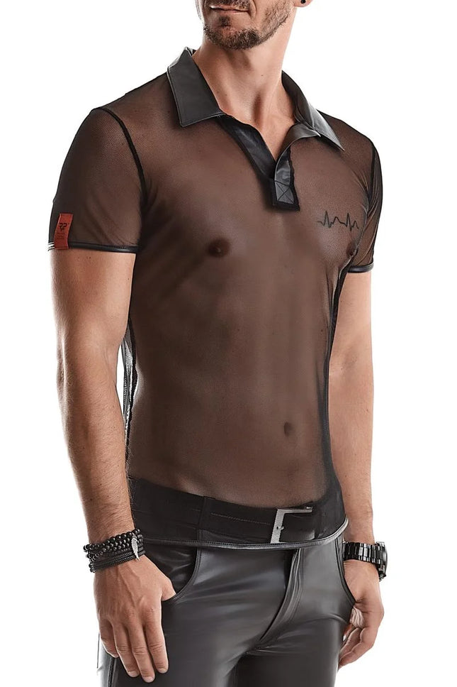RMRoberto Mesh T-Shirt Schwarz – Stehkragen & Patch - Herren T-shirts