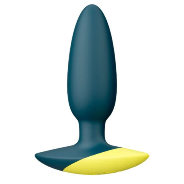 Dunkelteal und gelber silikon butt plug mit glattem, spitz zulaufendem design von romp bass sekunden lang gedrückt