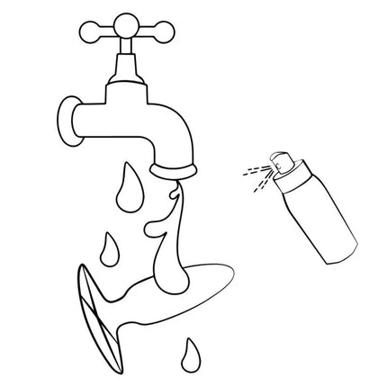 Ein schwarz-weißes linienbild eines grünen silikon-romp bass analplugs mit tropfendem wasser und einer sprühflasche rechts