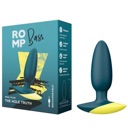 Dunkelgrüner und gelber romp bass vibrierender silikon-analplug mit glossy finish sekunden gedrückt halten zum aktivieren