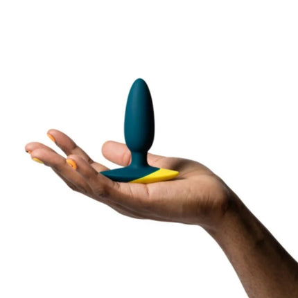 Teal und gelber silikon-analplug romp bass mit strukturierter, spitz zulaufender form zum sekunden gedrückt halten