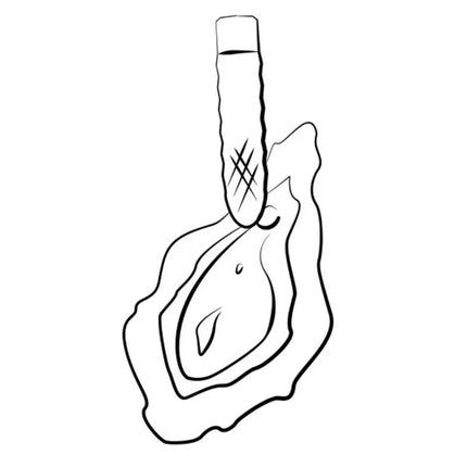 Schwarz-weiß line drawing einer auster die mit einem werkzeug geöffnet wird verbunden mit romp beat kompakter bullet-vibrator in violett mit gerippter oberfläche