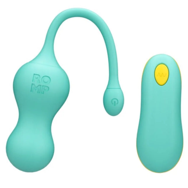 Teal farbenes romp cello multifunktions-vibrations-ei mit gebogenem griff und fernbedienung mit gelbem power-knopf