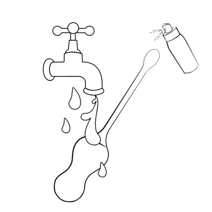 Schwarz-weiß zeichnung eines tropfenden wasserhahns und einer sprayflasche vor dem romp cello vibrations-ei in türkis