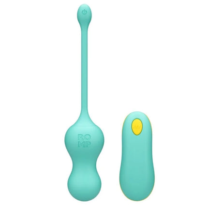 Romp cello vibrations-ei aus teal silikon mit gelbem power-knopf und fernbedienung für vaginale stimulation