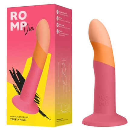 Romp dizi dreifarbiger silikondildo in pink und orange mit saugnapf und flared base, 18 cm lang