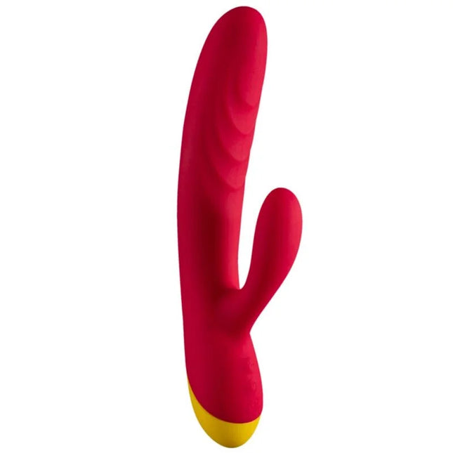 Romp jazz wiederaufladbarer hasenvibrator in rot aus silikon mit gelbem grund für intensiven spaß