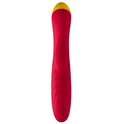 Vibranter roter Romp Jazz rabbit-vibrator aus silikon mit gebogenem schaft und kontrastierendem gelbem spitzenende