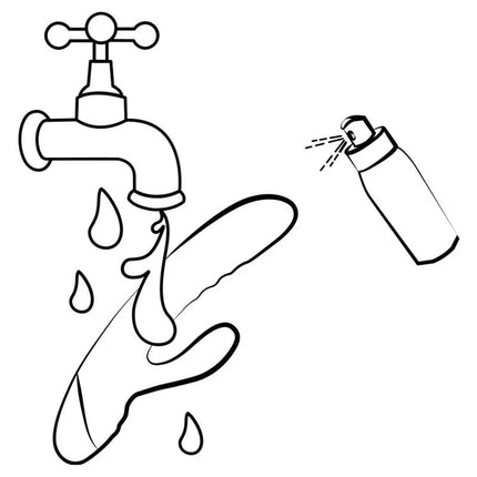 Schwarzweiß line drawing zeigt einen tropfenden wasserhahn und aerosol auf den wasserstrahl gerichtet zum romp jazz rabbit-vibrator mit gebogenem schaft in rot