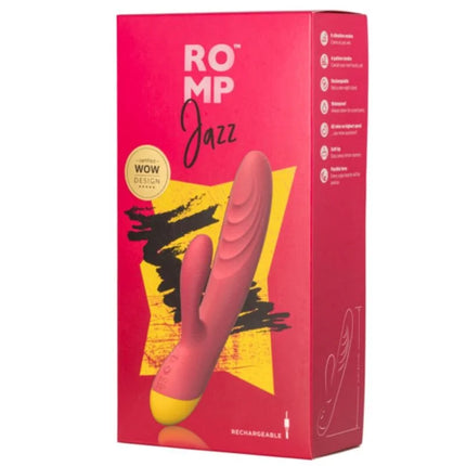 Romp jazz rabbit-vibrator in pink und gelb mit gebogenem schaft in wiederaufladbarer ausführung im packaging