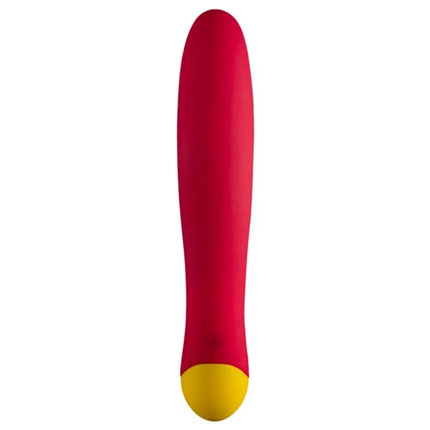 Romp jazz wiederaufladbarer rabbit-vibrator in rot aus silikon mit glattem, konischem design in rot und gelb